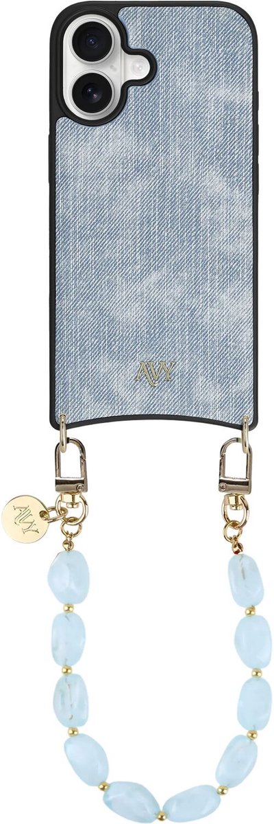 AVY Hoesje Geschikt voor Samsung Galaxy S25 Ultra | Compatibel met MagSafe | Kunstleren Case met Telefoonkoord | Polsband | Denim | Rocher Blue
