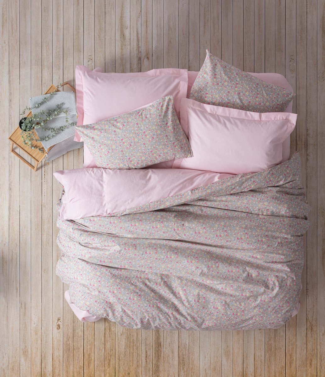 L'Essentiel Maison Ranforce Eenpersoons XXL Dekbedovertrekset – 155x220 cm – 100% Katoen – Roze/Grijs