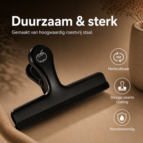 Een zwarte vershoudclip met stevige coating, herbuikbaar en roestbestendig, met icoontjes.