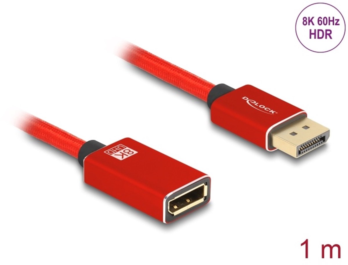 Delock DisplayPort extension cable 8K 60 Hz 1 m red metal without latch
