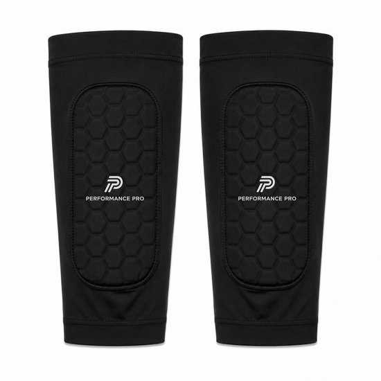 Paar zwarte scheenbeschermers met honingraatpadding en Performance Pro logo.