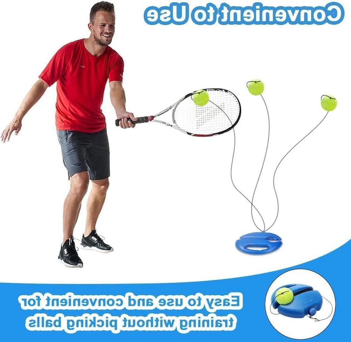 Tennistrainingsset - Tennis trainer - Zelfstudie oefening - Met 2 ballen - 20.5 x 20 cm - Blauw