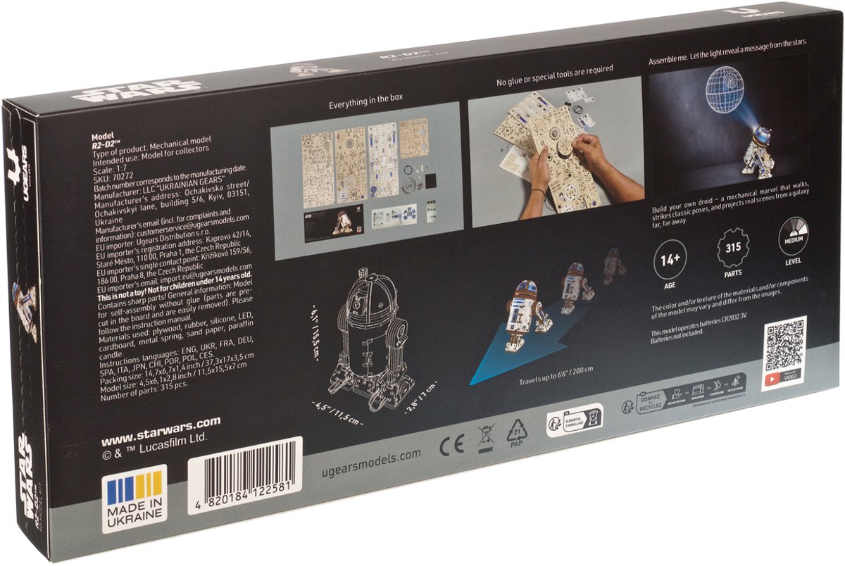 UGEARS 3D Modelbouw - R2-D2 - Star Wars - Mechanisch Bouwpakket Hout - Educatief Speelgoed — afbeelding 11