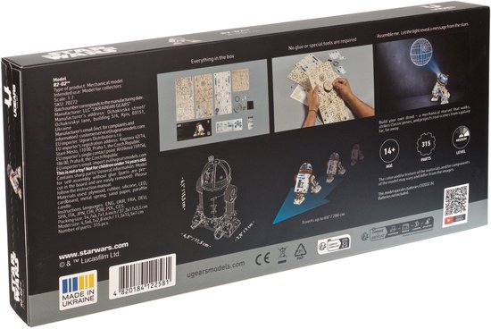 Verpakking van de R2-D2 Ugears modelbouwkit met informatie over onderdelen en assemblage.