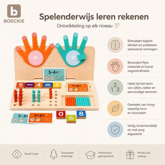 Houten rekenbord met oranje en groene handen, speelgoed cijfers, telstokjes en kaarten. Tekst: 'Spelenderwijs leren rekenen'.