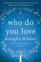 Boek 'Who Do You Love' van Jennifer Weiner op een blauwe achtergrond met een boom- en sterrenkrans.