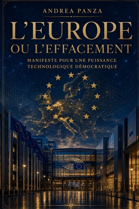 Boekomslag van "L'Europe ou l'effacement" met de titel, naam van de auteur en een kaart van Europa versierd met sterren, bovenop een gebouw in de nacht.