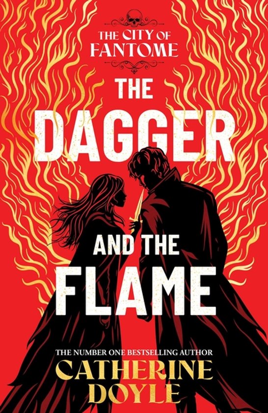 Boekcover met de titel 'The Dagger and the Flame'. Een man en vrouw kijken elkaar aan, met een dolk tussen hen in. Vlammen op de achtergrond.