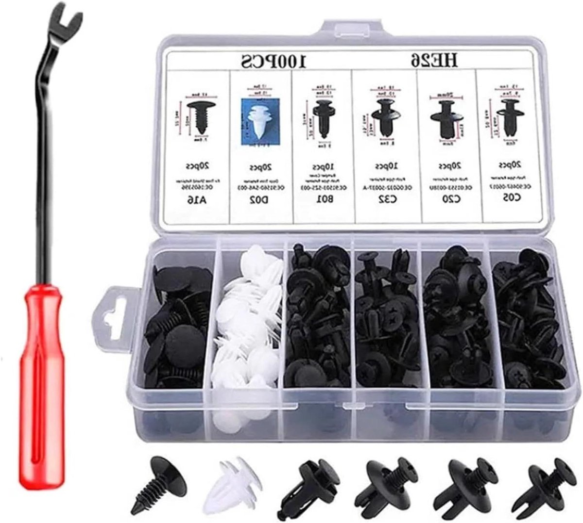 Bevestigingsclips Set - Plastic Klinknagels - Auto Onderdelen Repareren - Zes Maten Inclusief Gereedschap - 100 Stuks - Zwart