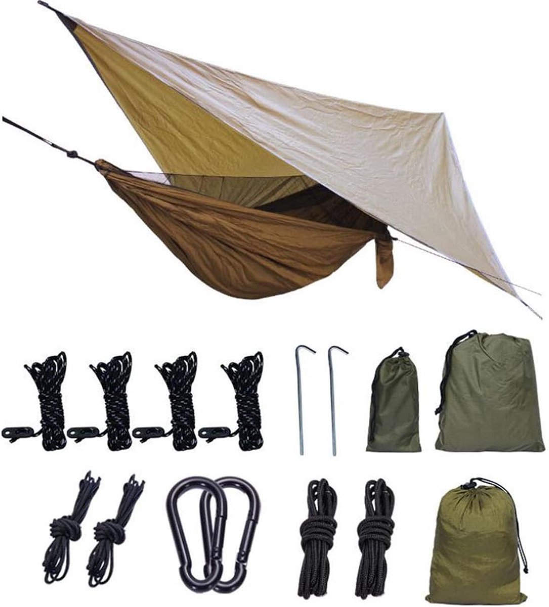 Kampeerhangmat - Nylon hammock - Buiten ontspannen - Met muggennet - 300 kg draaglast - Camel