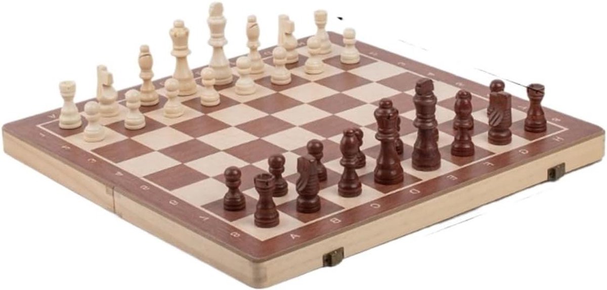 Houten Schaakset - Dammen Inclusief - Familie Spelletjes - Dubbele Koninginnen - 15 Inch - Bruin