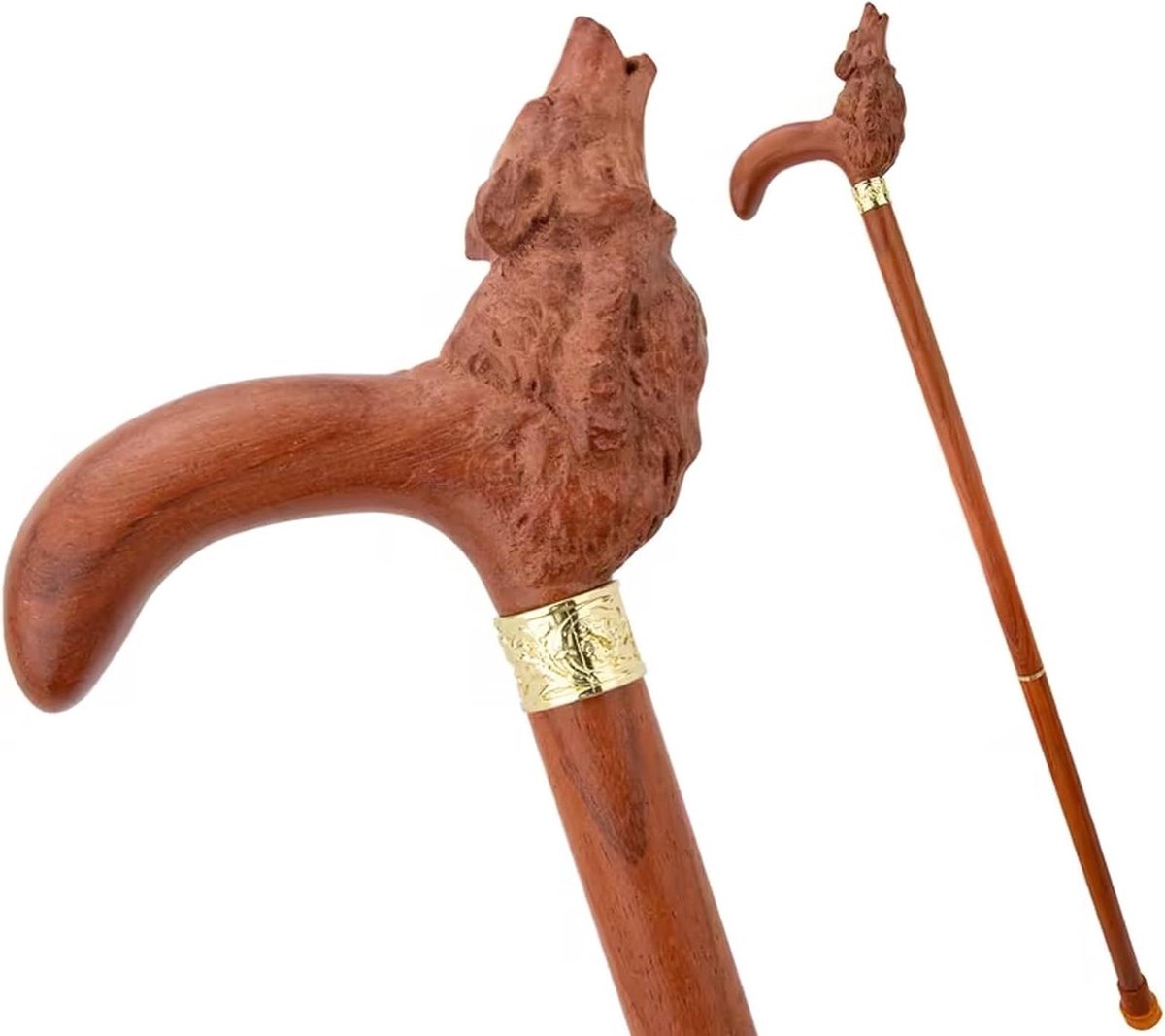 Houten wandelstok - Decoratieve steun - Extra steun - Wolf design - 96 cm - Bruin