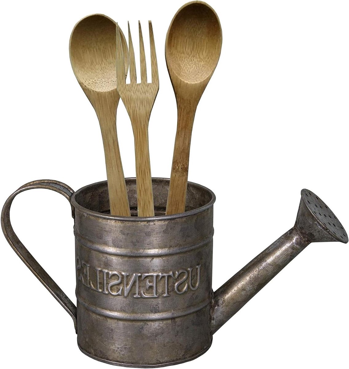 Mini gieter - Decoratieve pot - Planten water geven - Houten handvat - 24 cm lengte - Zinkkleurig
