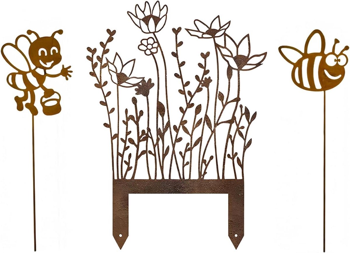 Bloemensteker Roest - Tuindecoratie Set - Tuin Aankleden - Vintage Roest Effect - 35cm Hoog - Roestkleur