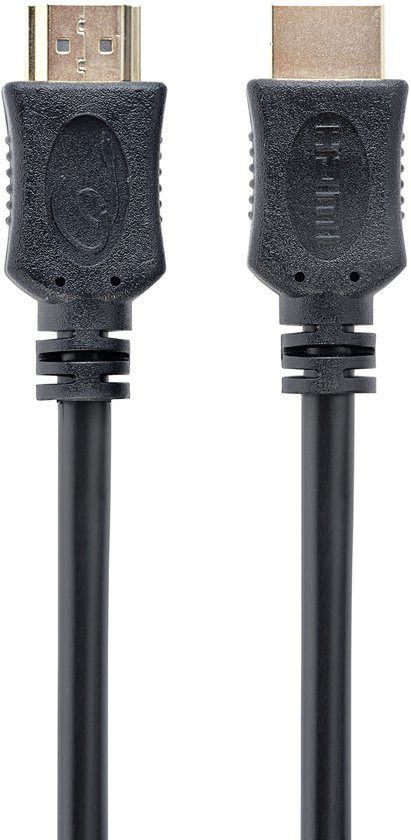 Zwarte HDMI-kabel met vergulde connectoren en een gestructureerd gripgedeelte.