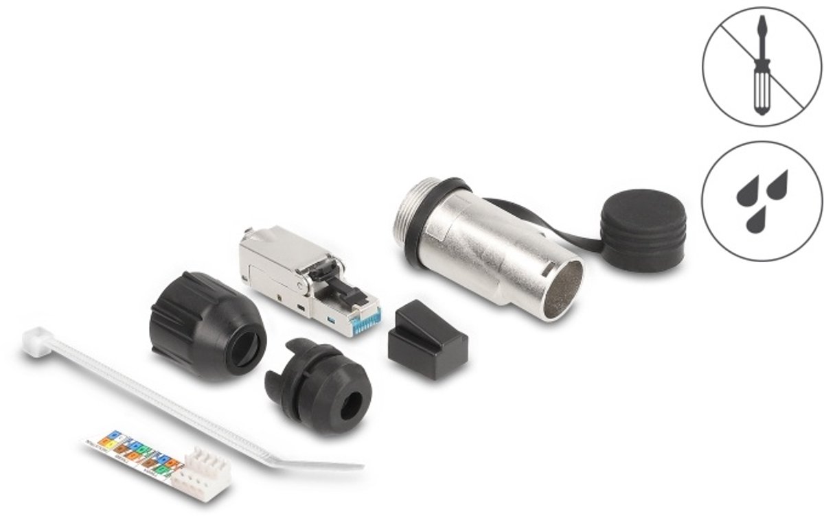 RJ45 Modular Plug field-assembly Cat.6A with robust cable plug housing and protective cap suitable for the Delock feed-through couplers 67061 and 67062 IP66 dust and waterproof