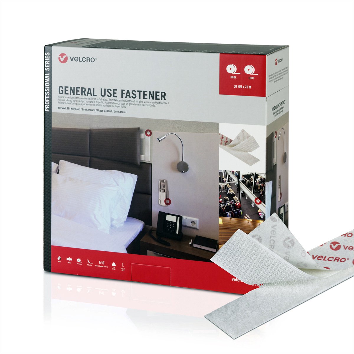 VELCRO® klittenband voor algemeen gebruik 5m haakband 5m lusband, haak & lus 50mm wit