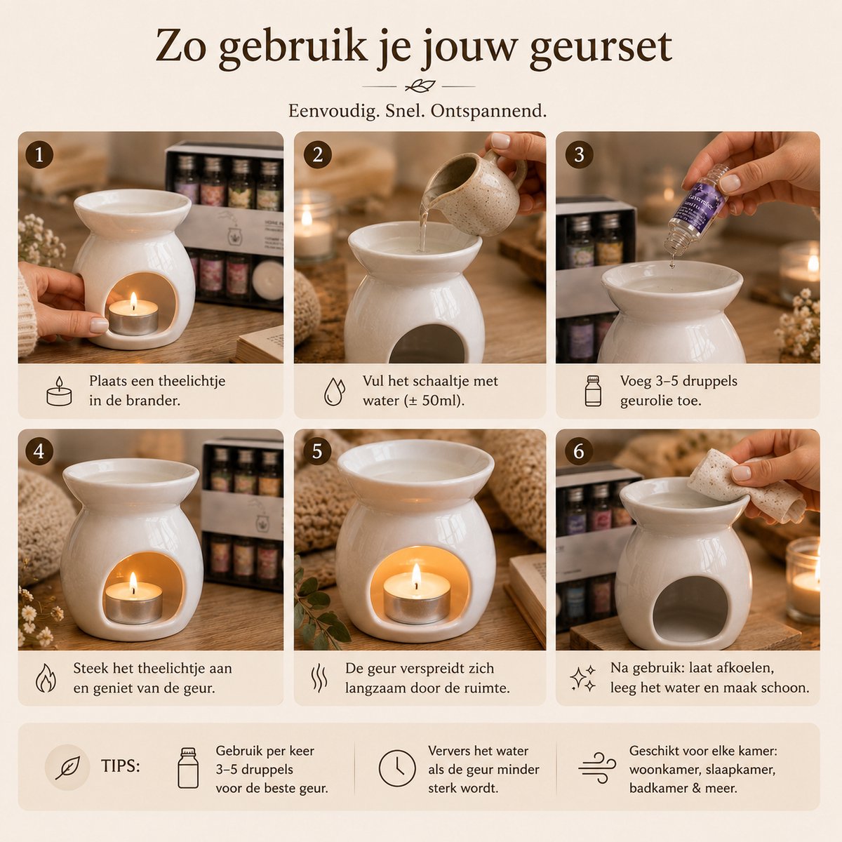 EasyMart Geurbrander Set - Keramische Aromabrander & Oliebrander met 12 Geuroliën en 2 Waxinelichtjes - Huisparfum Cadeauset - Kerstcadeau — cadeau in Wonen & Interieur - foto 6