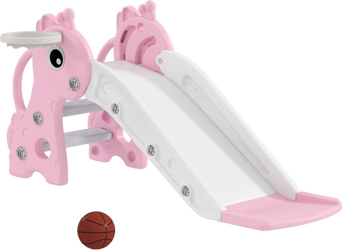 Kinderglijbaan met basket - Peuter speeltoestel - Actief spelen - Giraffen design - 106 cm lengte - Roze
