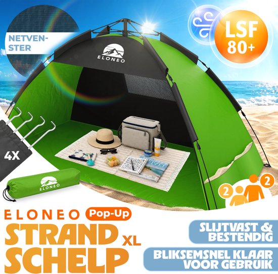 ELONEO Pop-up Strandtent UV-bescherming 80+, Lichtgewicht en compact inkl. draagtas, Strandzonwering & windbescherming voor baby’s en volwassenen - XL Groen van ELONEO — afbeelding 3