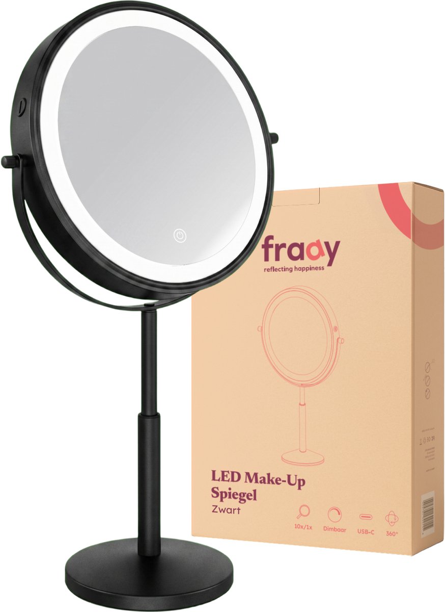 Fraay® XXL Make Up Spiegel met LED Verlichting - 10x Vergroting - Vergrootspiegel met Licht - Oplaadbaar - Scheerspiegel - Badkamerspiegel - Zwart