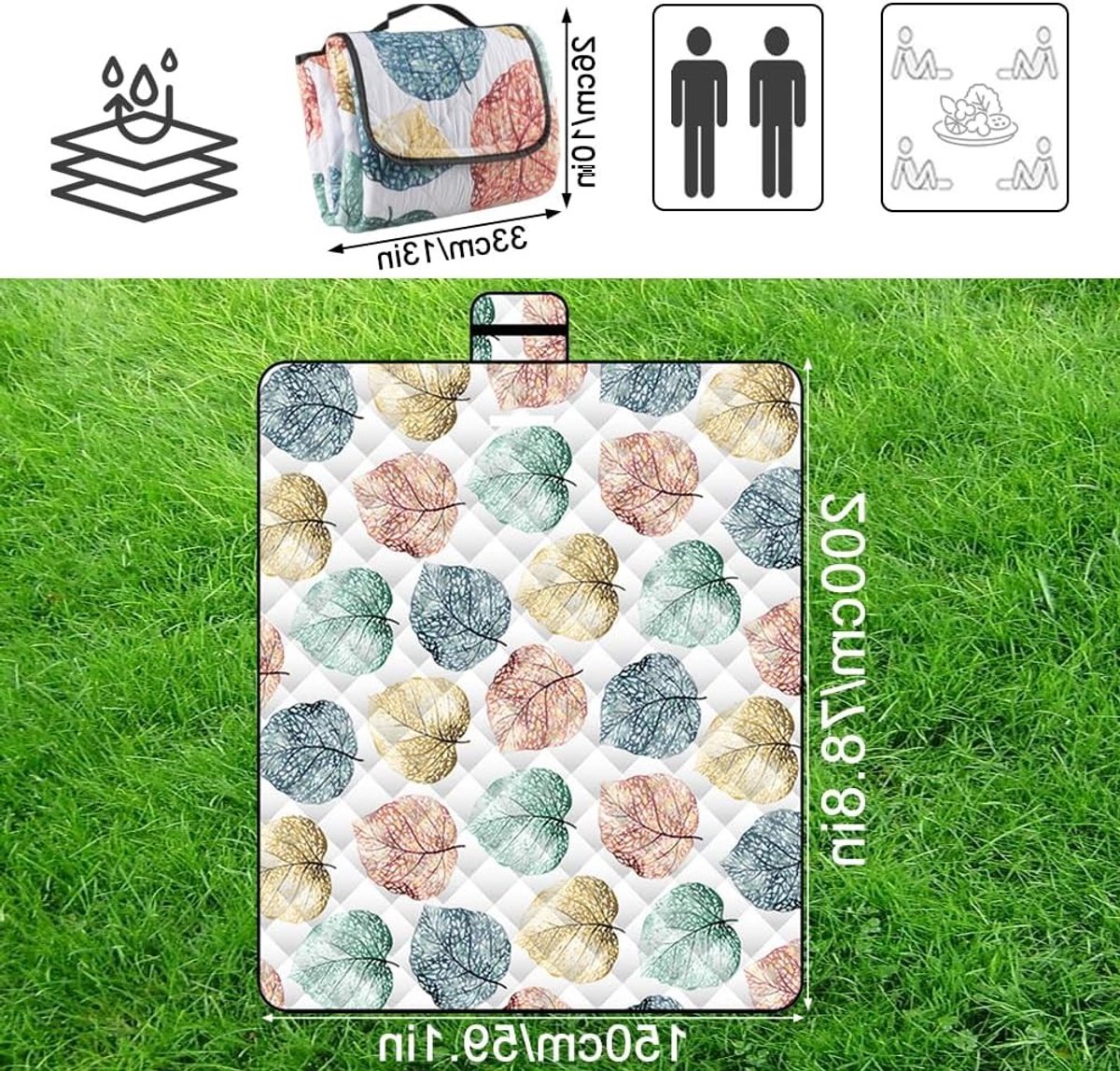 Opvouwbare waterdichte picknickdeken met bladprint, ideaal voor strand, kamperen en wandelen, 150 x 200 cm, duurzaam en geïsoleerd
