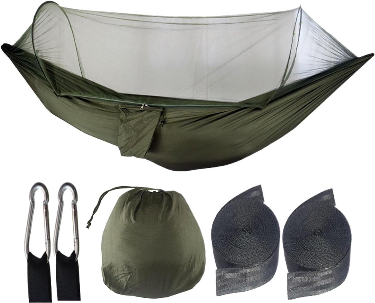 Camping hangmat - Rustbed outdoor - Ontspannen buiten - Met muggennet - 250x120 cm - Legergroen