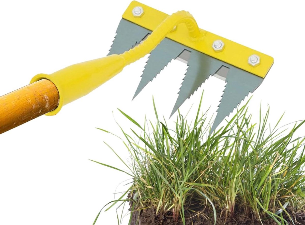 Onkruidverwijderaar Tuin - Wiedeg Gereedschap - Grond Losmaken - Verstevigd Metaal - 4 Tanden - Geel Zilver