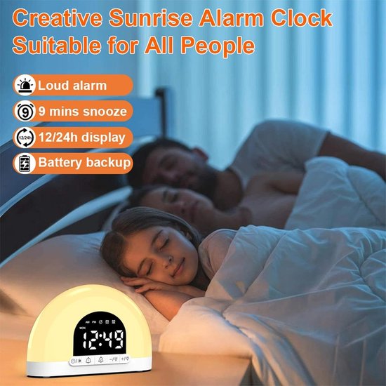 Slimme Wekker - Nachtlamp Klok - Rustig Ontwaken - Zonlicht Simulatie - 15cm Breed - Wit — afbeelding 2