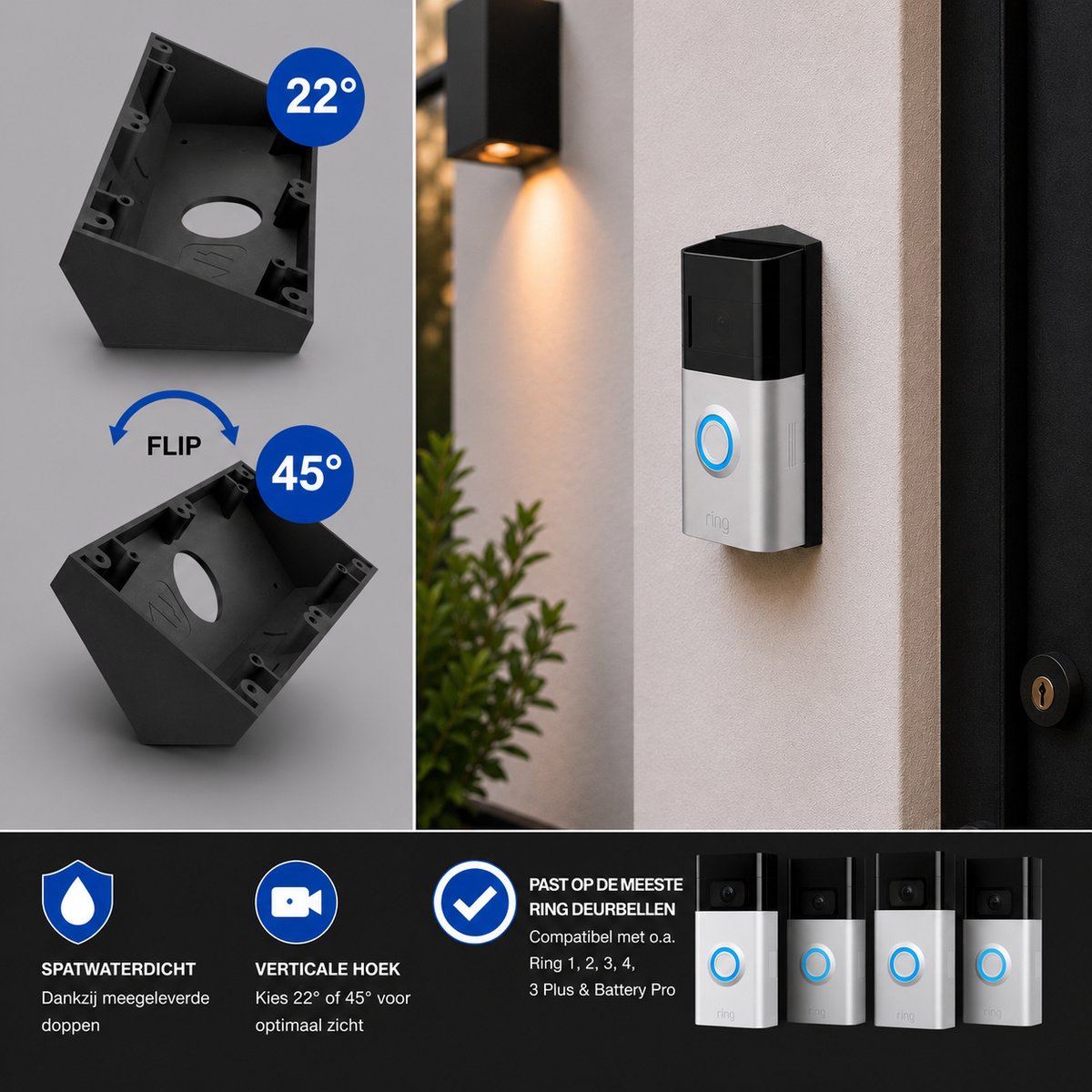 SmarThuis - Hoekbeugel Geschikt voor Ring Video Deurbellen 1G/2G/2/3/3+/4/Battery Pro - Hoekbeugel van 45° en 22° - Inclusief Montagemateriaal - Sterk en Milieubewust