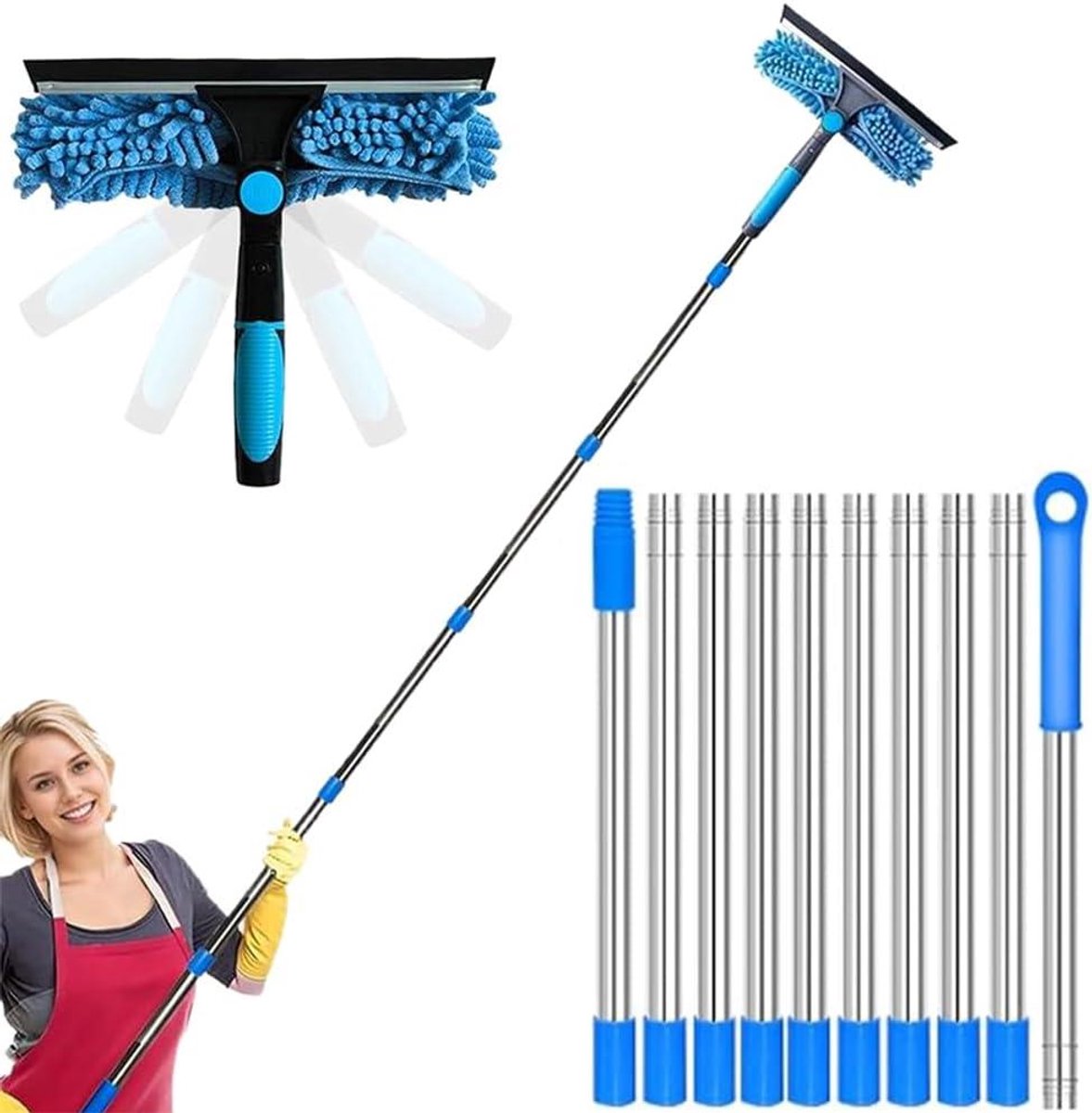 Raamreinigingsset - Glazenwasser Tool - Ramen Zemen - Verstelbare Telescoopsteel - Tot 43 Meter - Grijs