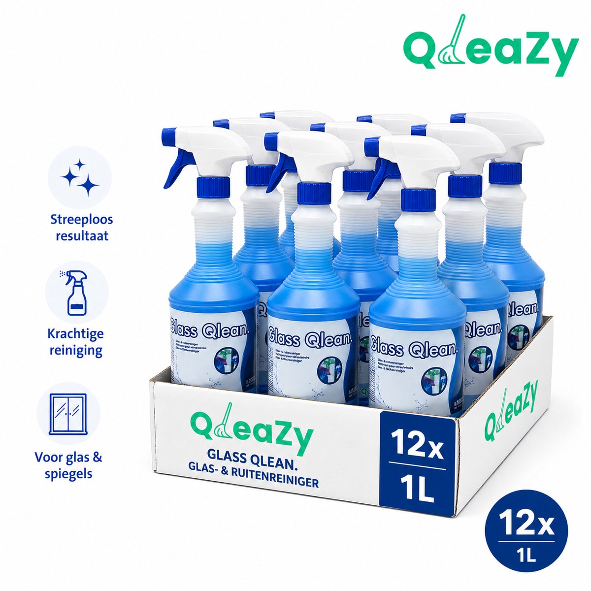 Glass Qlean. 12x1 liter Glasreiniger - Multireiniger - Allesreiniger - Schoonmaakspray QleaZy