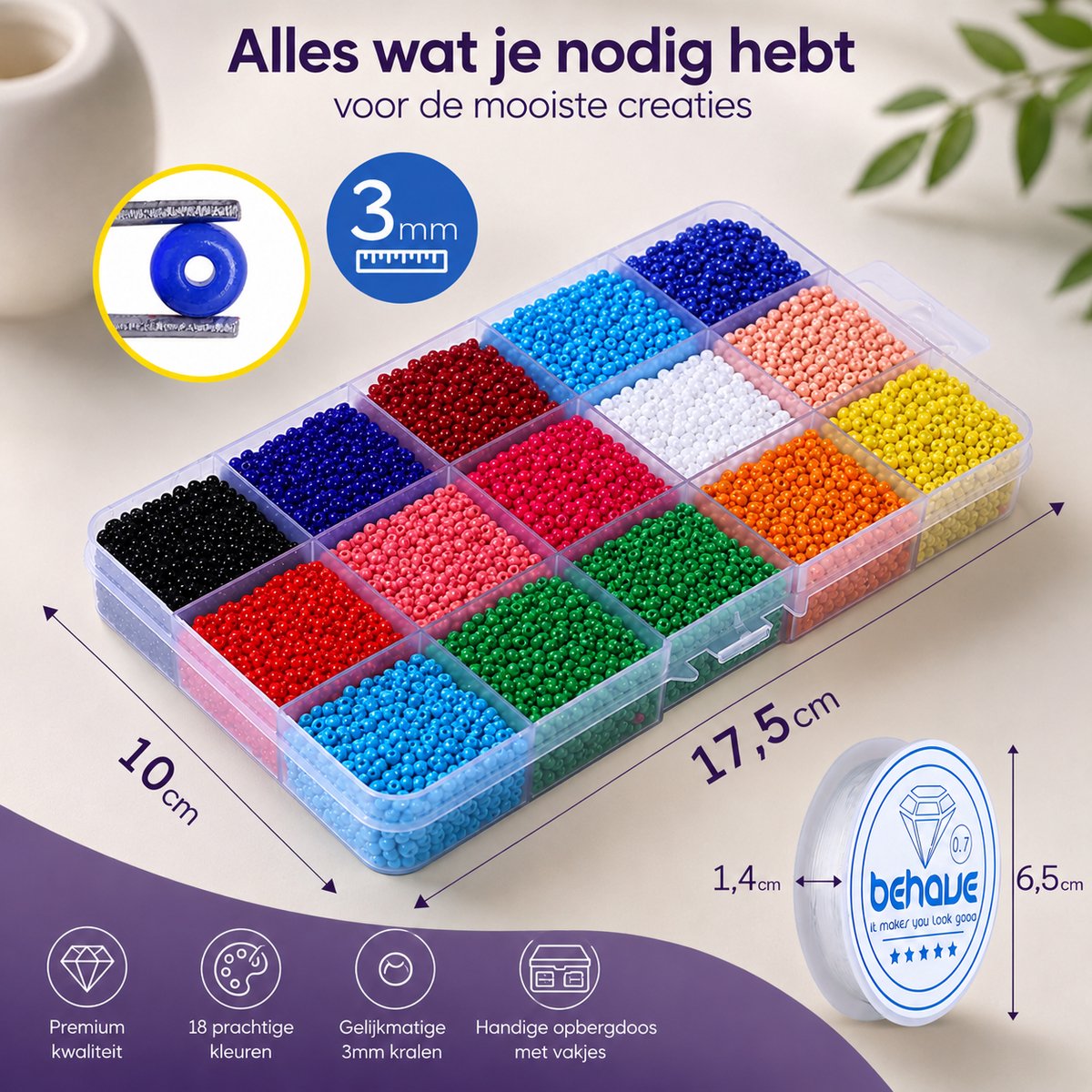Behave Mega Kralen Pakket Deluxe — 13.375 Kralen — Glas 3 mm + Katsuki + Smileys + Klei + Letters + Rijgdraad — afbeelding 6