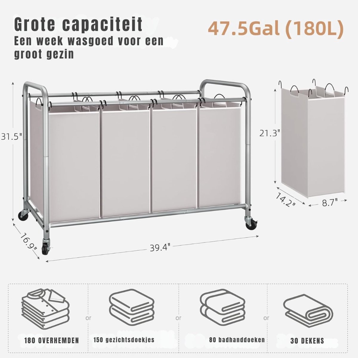 SAVI® Wasmand 4 Vakken - Wassorteerder - Waszak - Metaal Frame - Grijs - 43cm x 11cm x 80cm