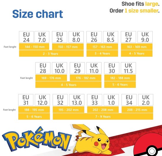 Maattabel voor schoenen met Pikachu-print. Toont EU- en UK-maten, voetlengtes en leeftijden.