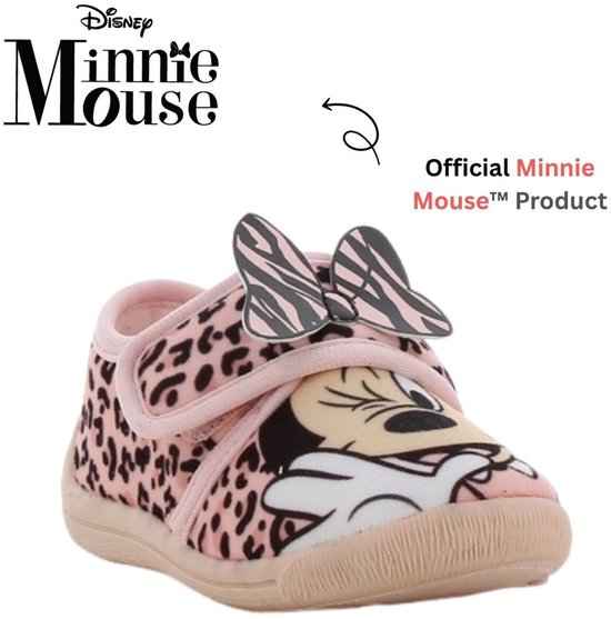 Roze pantoffel met luipaardprint en strikje. Minnie Mouse officiële productprint.