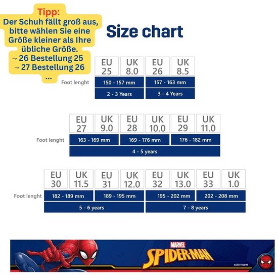 Maattabel voor kinderschoenen met EU en UK maten en voetlengtes.