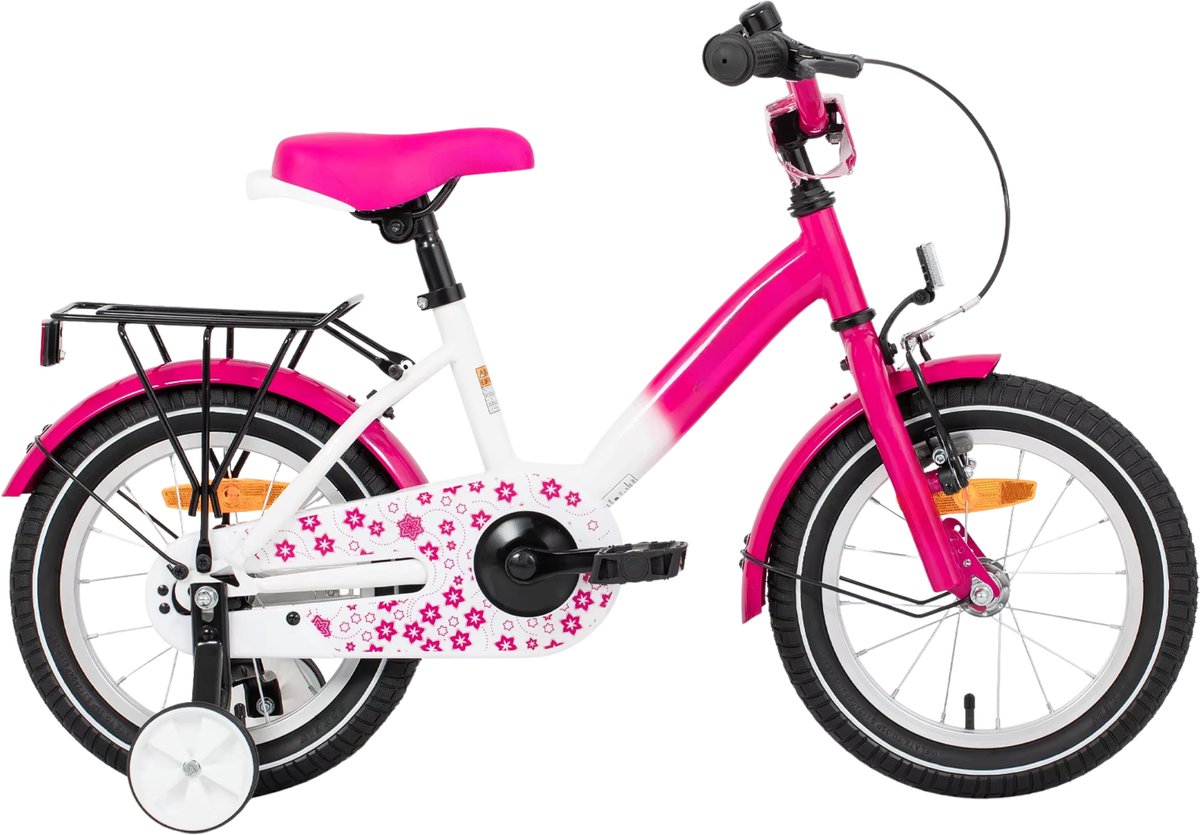 Happiq Kinderfiets – Voor meisjes – Met zijwieltjes handrem terugtraprem en bagagedrager – 30 cm 36 cm 41 cm wielen roze