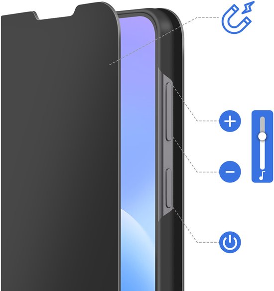 Zwarte telefoonhoes met openstaand klepje, toont telefoon met knoppen en magnetische sluiting.