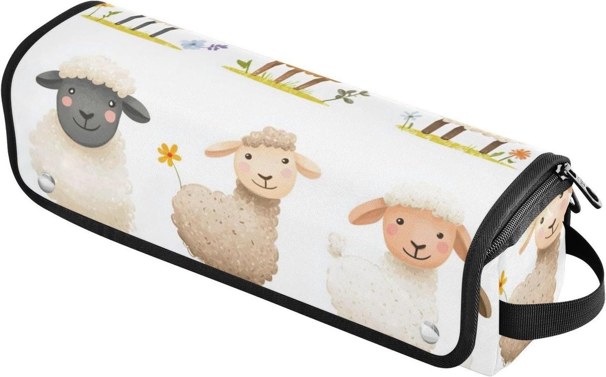 Krultang Reiskoffer - Haargereedschap Organizer - Veilig Opbergen - Hittebestendig Magnetisch Ontwerp - 39 x 37 cm - Cartoon Schapen Wit