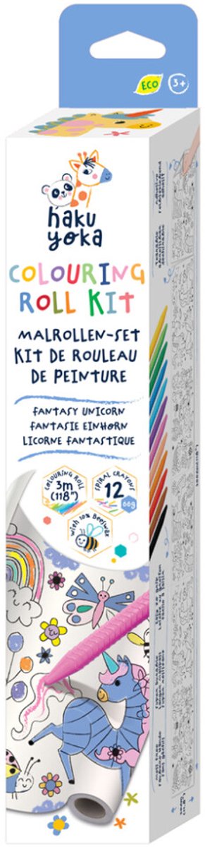 Haku Yoka: KLEURROL KIT / EENHOORN 30x300cm, inclusief 12 waskrijtjes in spiraalvorm, afscheurbaar en zelfklevend, bevat 10% bijenwas, in doos 6,5x6,5x35cm, 3+