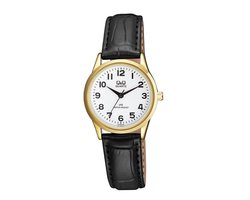 Q&Q C215J104Y - Horloge - Analoog - Vrouwen - Dames - Leren band - Rond - Metaal - Cijfers - Zwart - Goudkleurig - Wit - 3 ATM