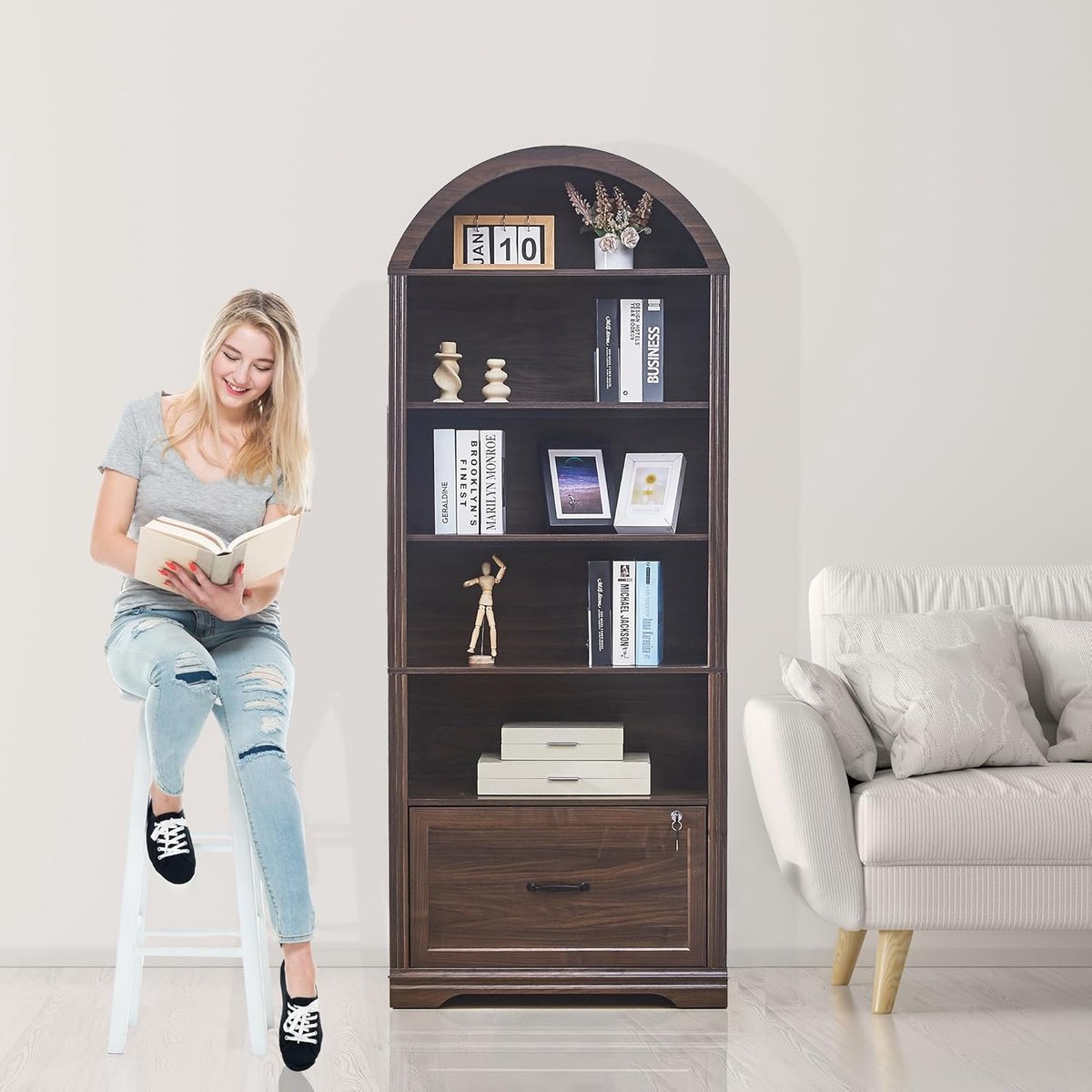 Aurora Haven Landelijke Boekenkast met Deuren en Lades – 5-Laags Hoge Vitrinekast met Opbergruimte – 70 x 30 x 177 cm – Wit