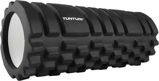 Zwarte Tunturi foamroller met een geribbeld oppervlak voor massage.