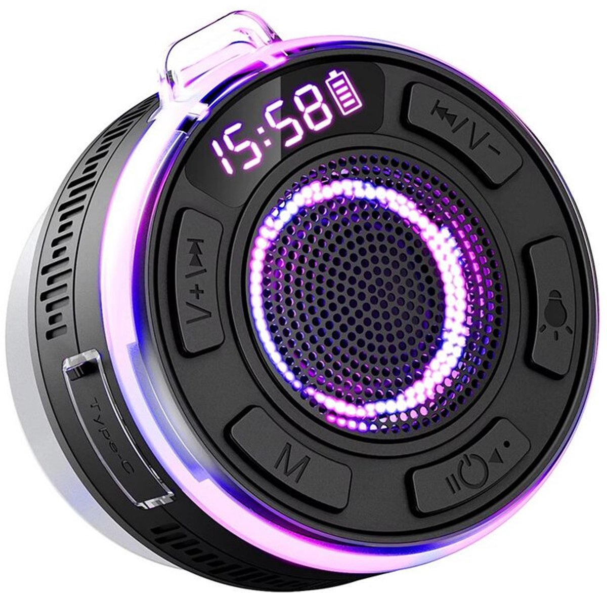 Draadloze speaker, IPX6 waterdichtheid, LED-verlichting, krachtige bas, Type-C oplaadkabel, 1100mAh batterij, zwart.