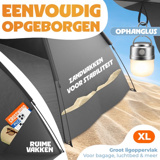 ELONEO Pop-up Strandtent UV-bescherming 80+, Lichtgewicht en compact inkl. draagtas, Strandzonwering & windbescherming voor baby’s en volwassenen - XL Grijs van ELONEO — afbeelding 2