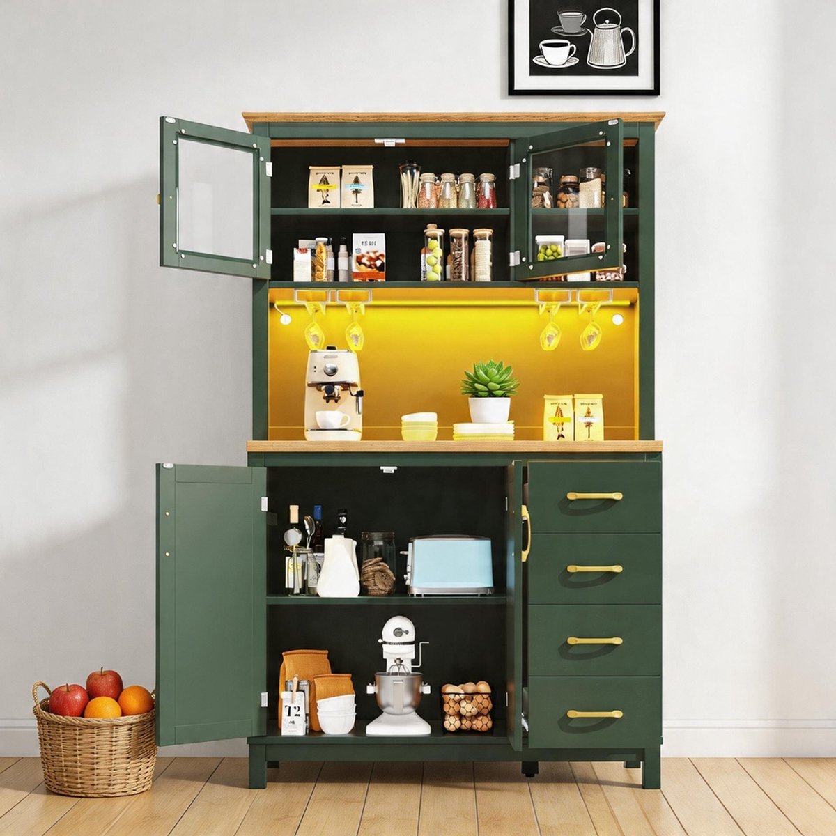KOMHTOM - Sideboard / opbergkast / keukenkast / buffetkast - Landhuisstijl - 4 deuren - Met LED-verlichtingsstrip & drankhouders - Afmetingen: 105,5 x 40 x 180 cm - Kleur: Groen/zwart/wit