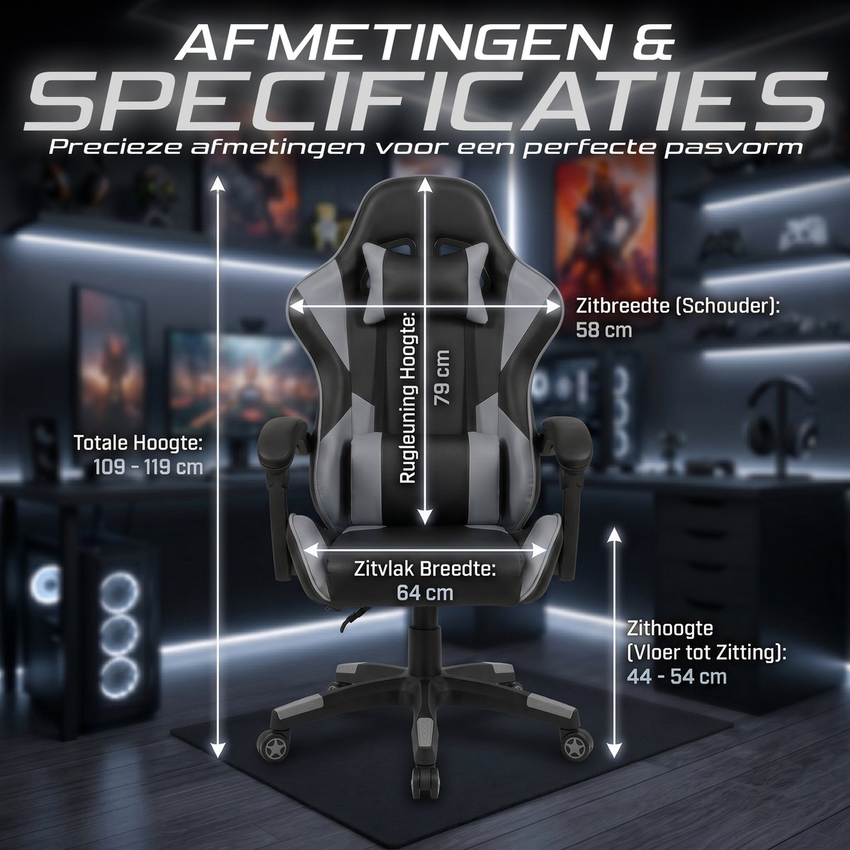 Gaming Stoel – Comfortabele Gamer Chair – Zwart/Grijs – Verstelbaar – foto 6