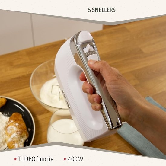 Elektrische handmixer - Keukenmixer - Bakken en Koken - 5 snelheden + turbo - 400 watt - Wit — afbeelding 5