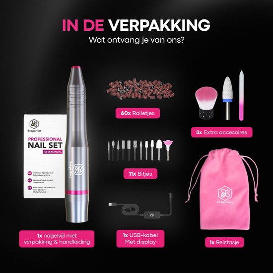 Beeperfect® Elektrische Nagelvijl - Nagelfrees - Nagelvijl - Manicure en Pedicure set - 12 Bitjes en 60 Schuurrolletjes - 3 Extra Accessoires - 20.000RPM